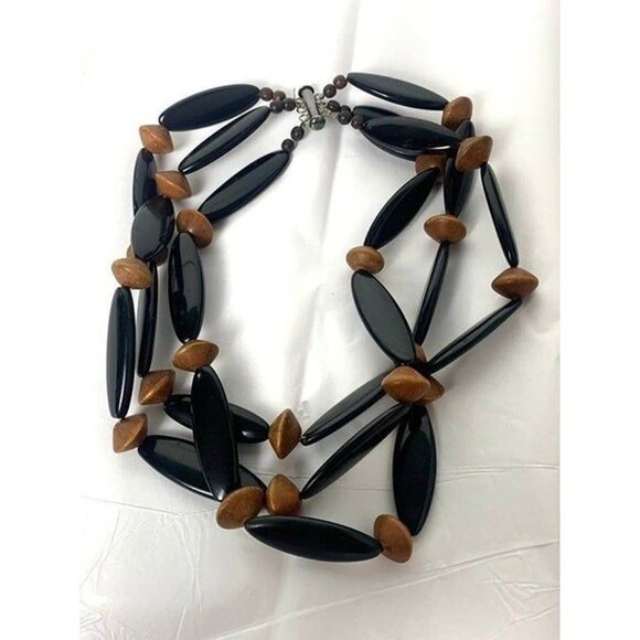 Vintage Modernist 3 Strand Wood & Lucite Choker with Sterling Silver Slide Clasp - Picture 4 of 5